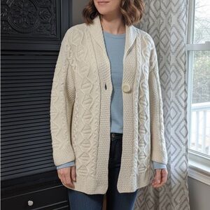 Inis Crafts 100% merino‎ wool Aran Ireland Fisherman shawl cardigan sweater L